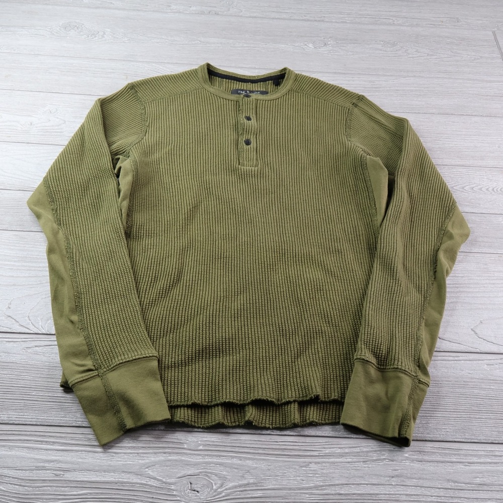Rag & Bone Slim-Fit Waffle-Knit Cotton Henley T-Shirt Men's Medium Army Green